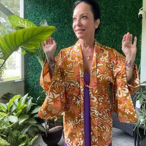 Original Kimono Vest Japanese Floral Orange pattern Women Traditional Robe